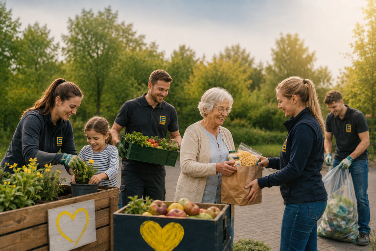 EDEKA Team zeigt soziales Engagement Mehrere Personen pflanzen Blumen und Gemüse in Holzkisten und verschenken diese in einer sonnigen Parkumgebung.