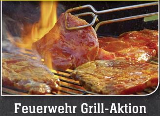 Feuerwehr Grill Aktion Grillaktion mit Fleisch und Flammen, organisiert von der Feuerwehr.