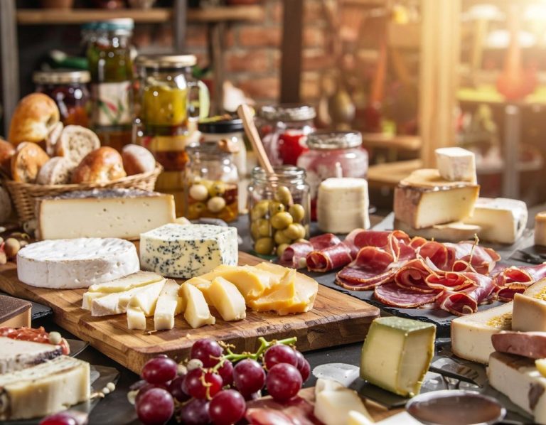 Käse und Feinkost Vielfältige Käse- und Wurstsorten, Oliven, Trauben und eingelegte Lebensmittel.