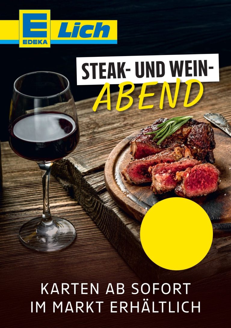 Steak- und Weinabend Steak- und Weinabend-Ankündigung mit Glas Wein und Fleisch auf einem Holzbrett.