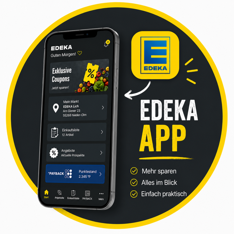 Edeka App-Layout mit Angeboten, Coupons und Dienstleistungen auf einem Smartphone.