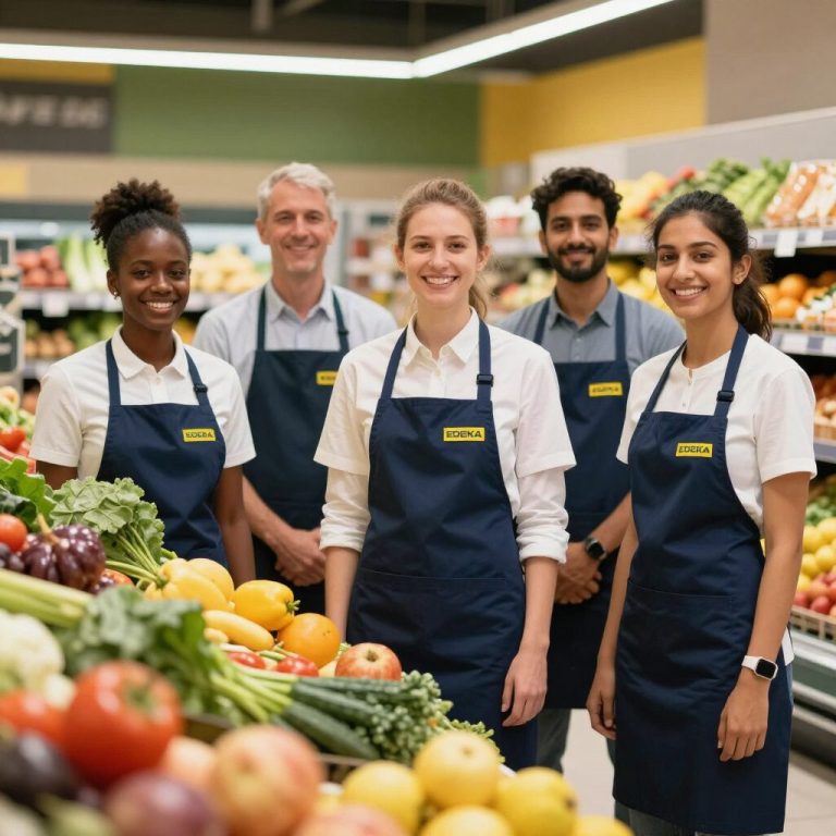 EDEKA Team Fünf freundliche Supermarktmitarbeiter stehen zwischen frischem Obst und Gemüse.