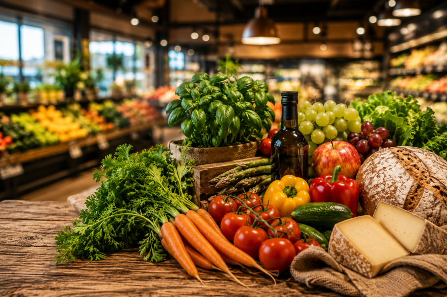 Frisches Obst und Gemüse, darunter Karotten, Tomaten, Trauben und Käse auf einem Tisch.
