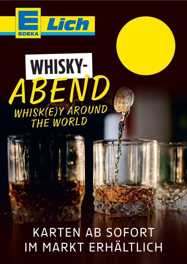 Whiskyabend Zwei Gläser Whisky mit Eis, Text "Whisky-Abend" und ein gelbes rundes Element. Whiskyabend Ankündigung