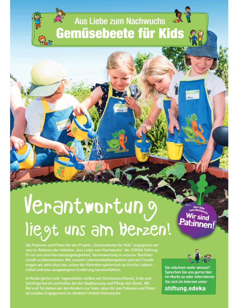 Gemüsebeete für Kids Bunte Grafik mit Kindern, die im Garten Gemüse pflanzen, mit einem Motto über Verantwortung. Nachwuchsföderung: Gemüsebeete für Kids