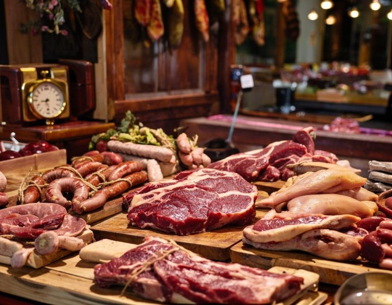 Fleisch- und Wurstdelikatessen Fleischwaren auf einem Holztisch, darunter Steaks, Würste und andere Fleischsorten.