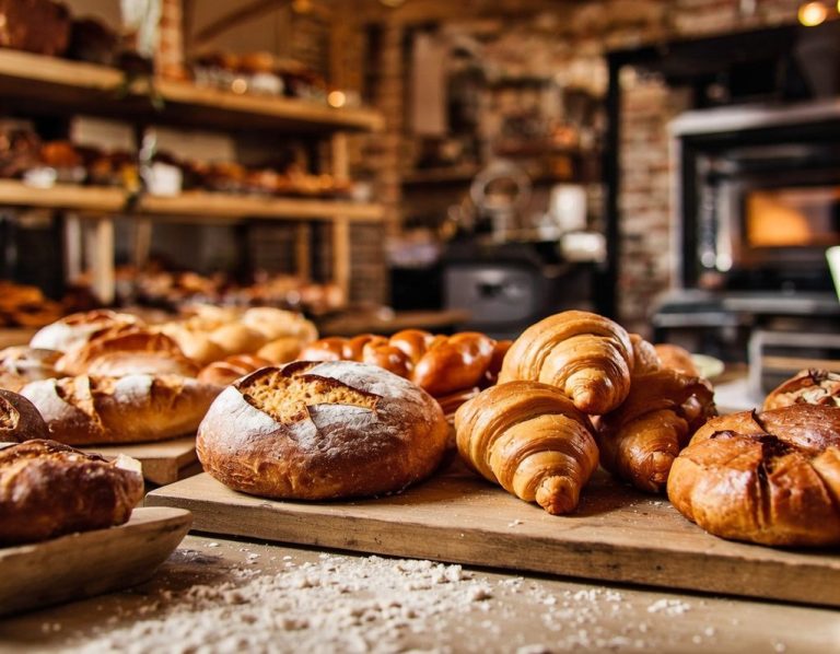 Bäckerei und Backwaren Frische Brötchen und Croissants auf einem Holzbrett in einer gemütlichen Bäckerei.