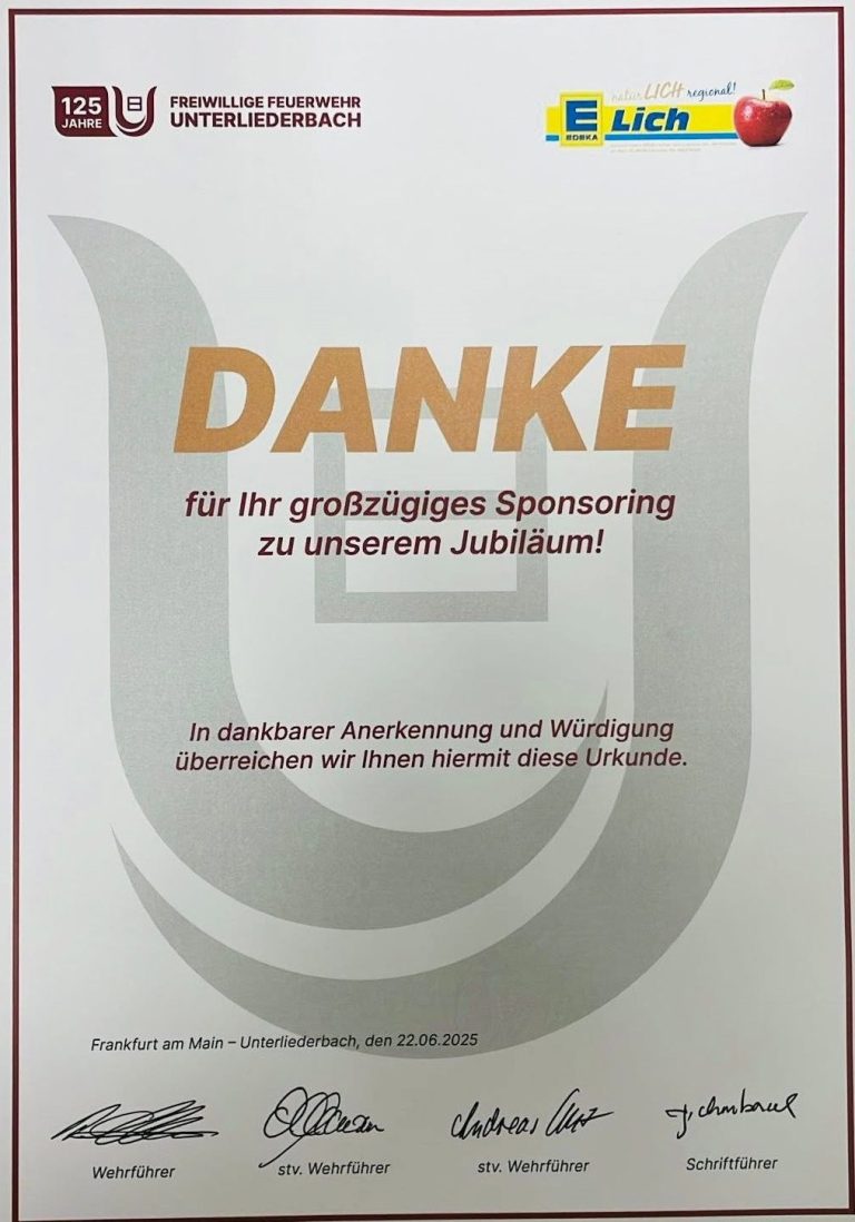 Spende an Freiwillige Feuerwehr Unterliederbach Dankeschön-Zertifikat für Spende zum Jubiläum mit Unterschriften.